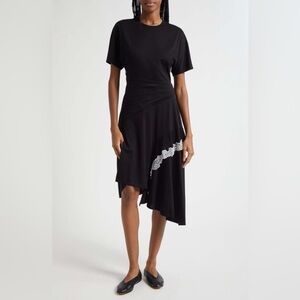 3.1 Phillip Lim Black Asymmetrical Hem Cotton T-Shirt Dress with Lace Detail